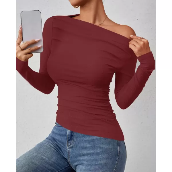 imageZESICA Womens Off The Shoulder Long Sleeve Tops 2024 Casual Ruched Slim Fitted Solid Color Basic Tee Shirts Fall OutfitsRed