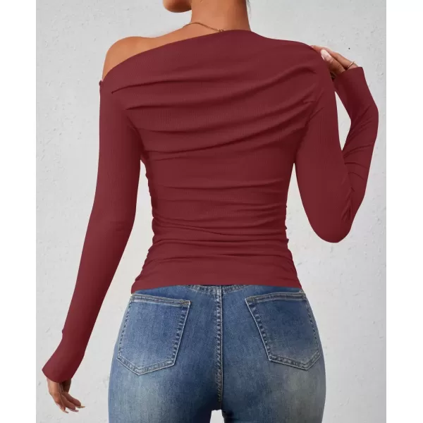 imageZESICA Womens Off The Shoulder Long Sleeve Tops 2024 Casual Ruched Slim Fitted Solid Color Basic Tee Shirts Fall OutfitsRed