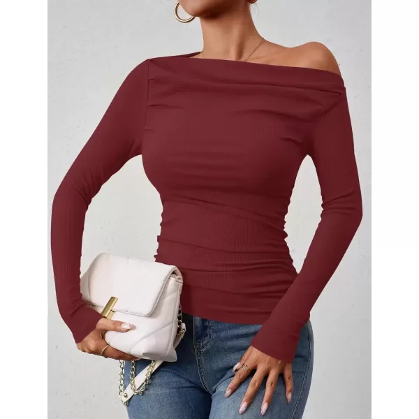 imageZESICA Womens Off The Shoulder Long Sleeve Tops 2024 Casual Ruched Slim Fitted Solid Color Basic Tee Shirts Fall OutfitsRed