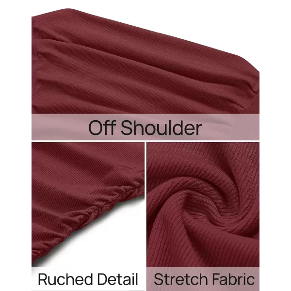 imageZESICA Womens Off The Shoulder Long Sleeve Tops 2024 Casual Ruched Slim Fitted Solid Color Basic Tee Shirts Fall OutfitsRed
