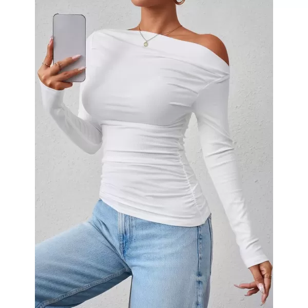 imageZESICA Womens Off The Shoulder Long Sleeve Tops 2024 Casual Ruched Slim Fitted Solid Color Basic Tee Shirts Fall OutfitsWhite