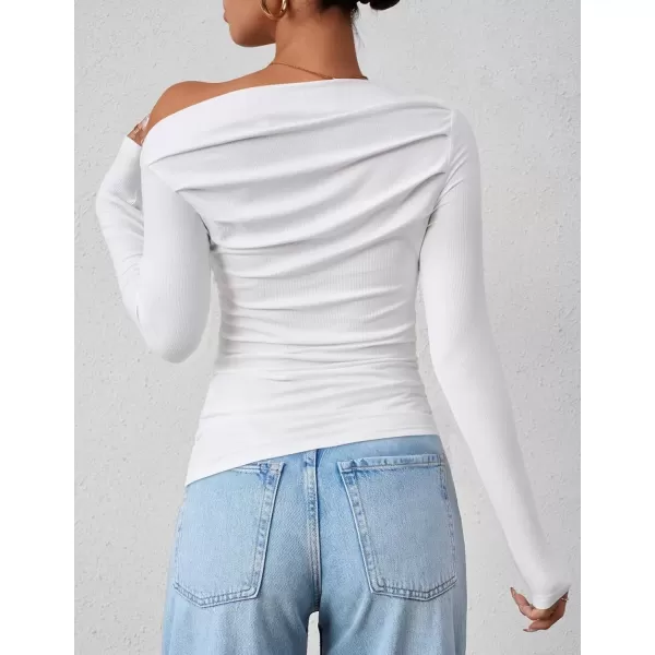 imageZESICA Womens Off The Shoulder Long Sleeve Tops 2024 Casual Ruched Slim Fitted Solid Color Basic Tee Shirts Fall OutfitsWhite