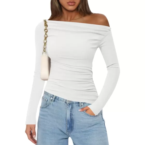 imageZESICA Womens Off The Shoulder Long Sleeve Tops 2024 Casual Ruched Slim Fitted Solid Color Basic Tee Shirts Fall OutfitsWhite