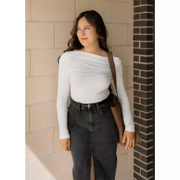 imageZESICA Womens Off The Shoulder Long Sleeve Tops 2024 Casual Ruched Slim Fitted Solid Color Basic Tee Shirts Fall OutfitsWhite