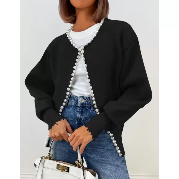 imageZESICA Womens Open Front Cardigan Sweater Casual Knitted Long Sleeve Pearls Trim Outerwear Coat 2024 Trendy ClothesBlack