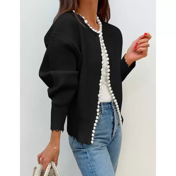 imageZESICA Womens Open Front Cardigan Sweater Casual Knitted Long Sleeve Pearls Trim Outerwear Coat 2024 Trendy ClothesBlack