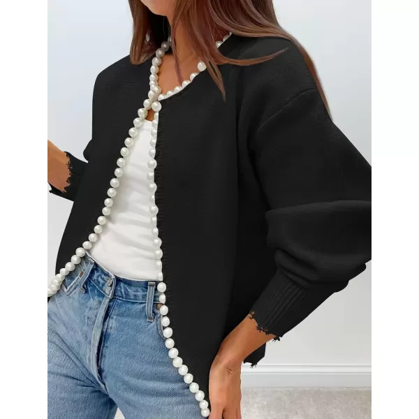 imageZESICA Womens Open Front Cardigan Sweater Casual Knitted Long Sleeve Pearls Trim Outerwear Coat 2024 Trendy ClothesBlack