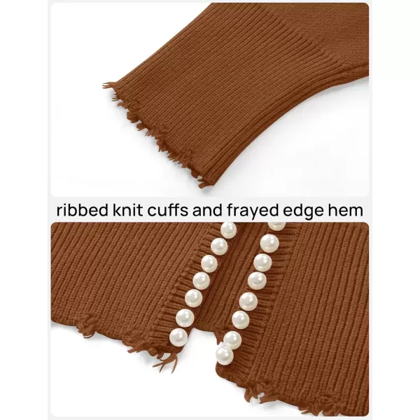 imageZESICA Womens Open Front Cardigan Sweater Casual Knitted Long Sleeve Pearls Trim Outerwear Coat 2024 Trendy ClothesBrown