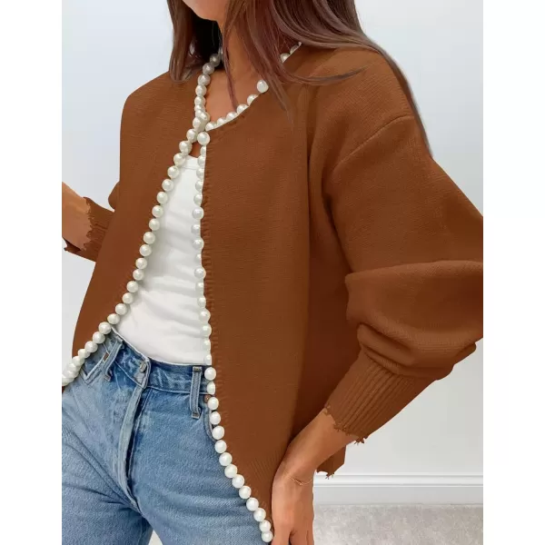imageZESICA Womens Open Front Cardigan Sweater Casual Knitted Long Sleeve Pearls Trim Outerwear Coat 2024 Trendy ClothesBrown