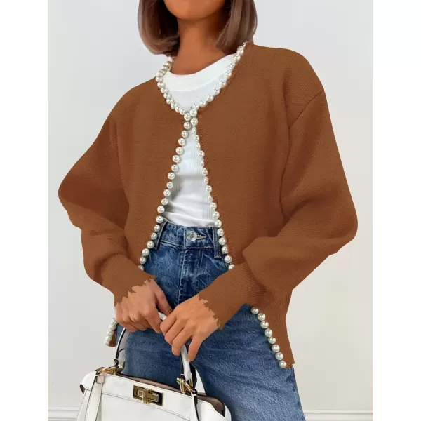 imageZESICA Womens Open Front Cardigan Sweater Casual Knitted Long Sleeve Pearls Trim Outerwear Coat 2024 Trendy ClothesBrown