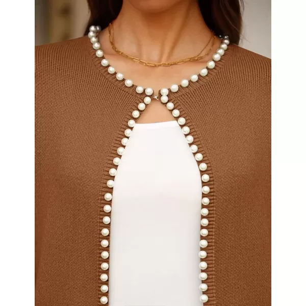 imageZESICA Womens Open Front Cardigan Sweater Casual Knitted Long Sleeve Pearls Trim Outerwear Coat 2024 Trendy ClothesBrown