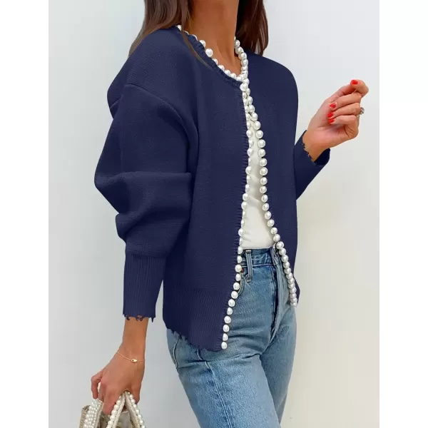 imageZESICA Womens Open Front Cardigan Sweater Casual Knitted Long Sleeve Pearls Trim Outerwear Coat 2024 Trendy ClothesDark Purple