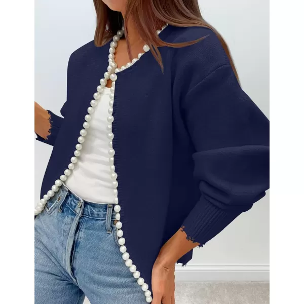 imageZESICA Womens Open Front Cardigan Sweater Casual Knitted Long Sleeve Pearls Trim Outerwear Coat 2024 Trendy ClothesDark Purple