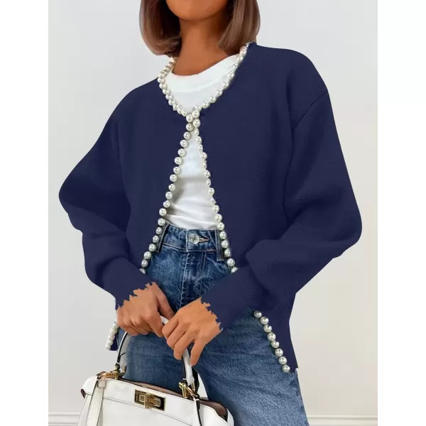 imageZESICA Womens Open Front Cardigan Sweater Casual Knitted Long Sleeve Pearls Trim Outerwear Coat 2024 Trendy ClothesDark Purple