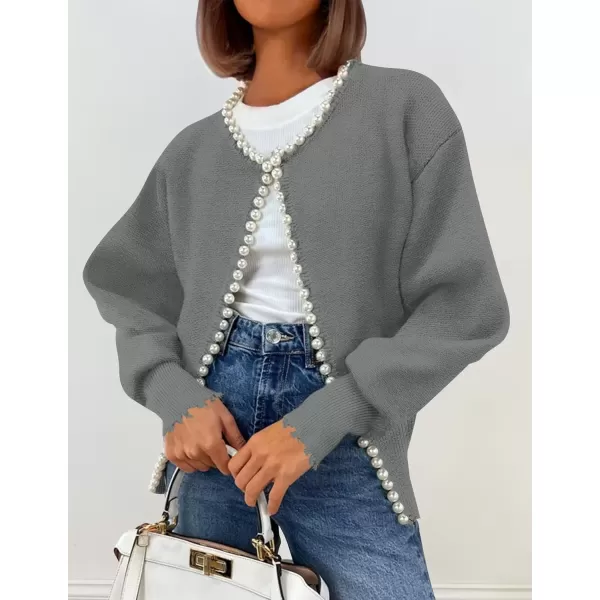 imageZESICA Womens Open Front Cardigan Sweater Casual Knitted Long Sleeve Pearls Trim Outerwear Coat 2024 Trendy ClothesGrey