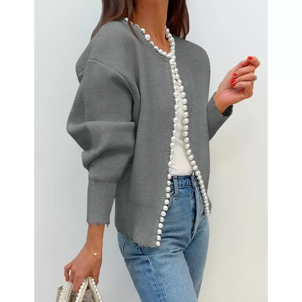 imageZESICA Womens Open Front Cardigan Sweater Casual Knitted Long Sleeve Pearls Trim Outerwear Coat 2024 Trendy ClothesGrey