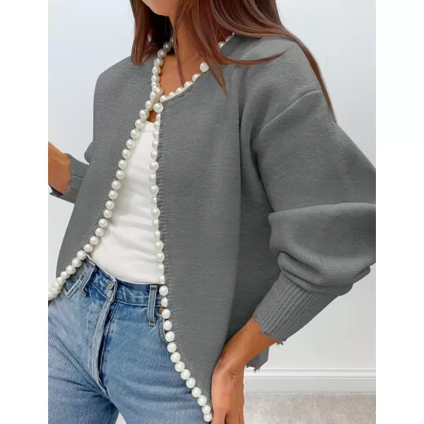 imageZESICA Womens Open Front Cardigan Sweater Casual Knitted Long Sleeve Pearls Trim Outerwear Coat 2024 Trendy ClothesGrey