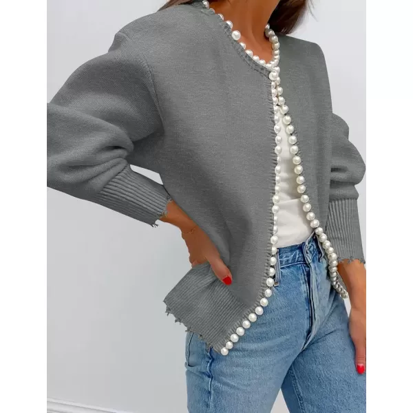 imageZESICA Womens Open Front Cardigan Sweater Casual Knitted Long Sleeve Pearls Trim Outerwear Coat 2024 Trendy ClothesGrey