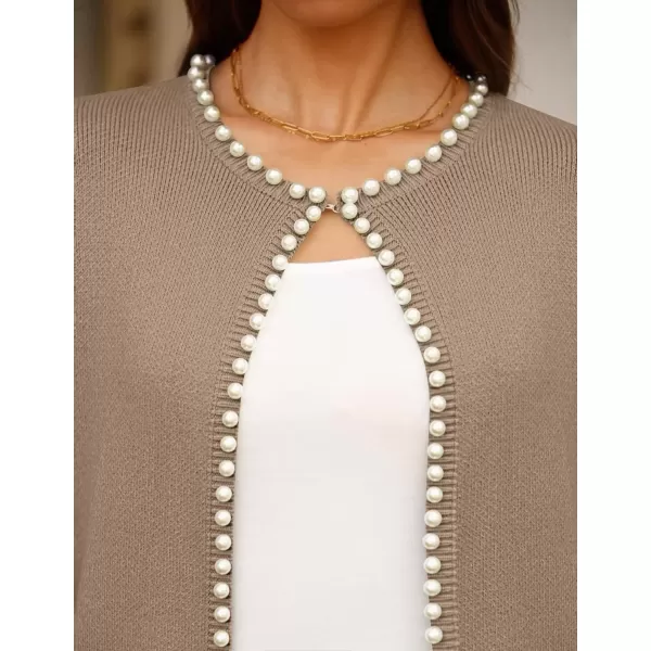 imageZESICA Womens Open Front Cardigan Sweater Casual Knitted Long Sleeve Pearls Trim Outerwear Coat 2024 Trendy ClothesKhaki