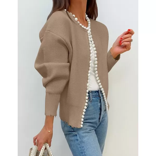 imageZESICA Womens Open Front Cardigan Sweater Casual Knitted Long Sleeve Pearls Trim Outerwear Coat 2024 Trendy ClothesKhaki
