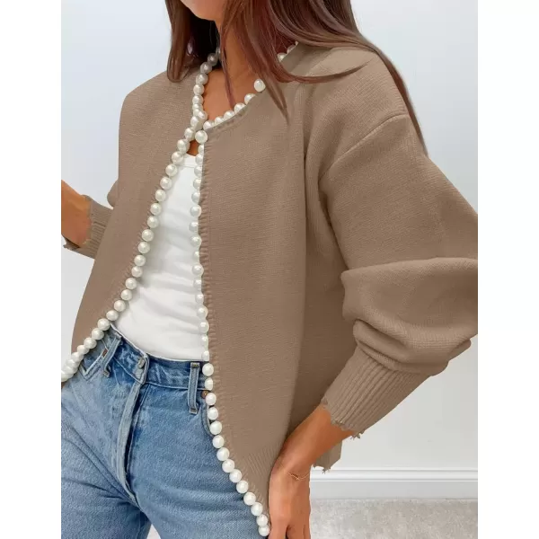 imageZESICA Womens Open Front Cardigan Sweater Casual Knitted Long Sleeve Pearls Trim Outerwear Coat 2024 Trendy ClothesKhaki