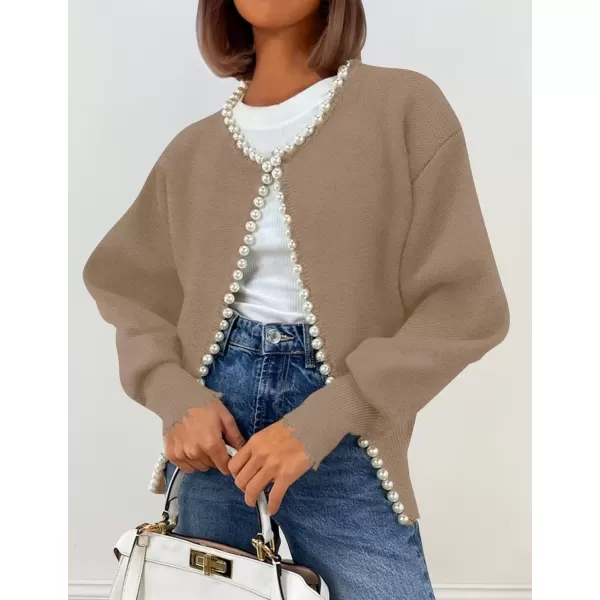 imageZESICA Womens Open Front Cardigan Sweater Casual Knitted Long Sleeve Pearls Trim Outerwear Coat 2024 Trendy ClothesKhaki