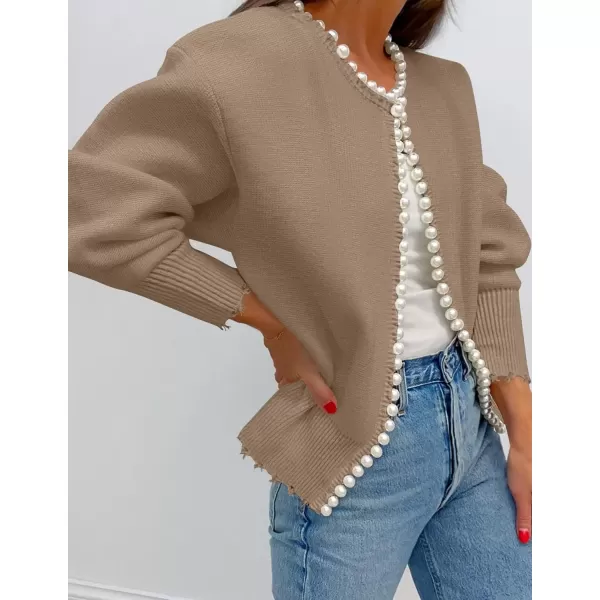 imageZESICA Womens Open Front Cardigan Sweater Casual Knitted Long Sleeve Pearls Trim Outerwear Coat 2024 Trendy ClothesKhaki