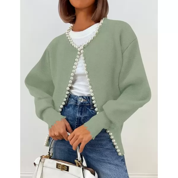 imageZESICA Womens Open Front Cardigan Sweater Casual Knitted Long Sleeve Pearls Trim Outerwear Coat 2024 Trendy ClothesPea Green