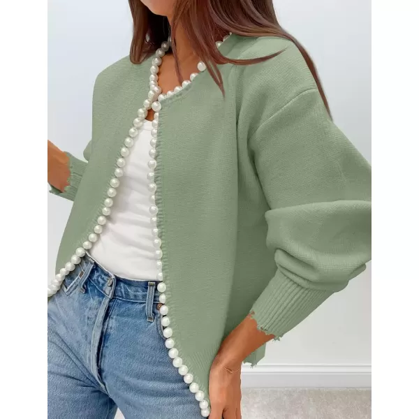 imageZESICA Womens Open Front Cardigan Sweater Casual Knitted Long Sleeve Pearls Trim Outerwear Coat 2024 Trendy ClothesPea Green