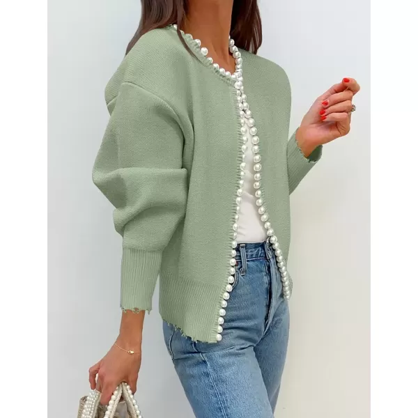 imageZESICA Womens Open Front Cardigan Sweater Casual Knitted Long Sleeve Pearls Trim Outerwear Coat 2024 Trendy ClothesPea Green