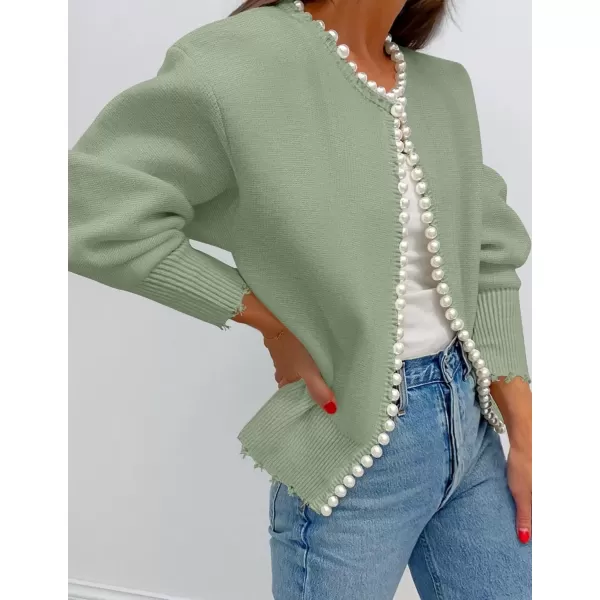 imageZESICA Womens Open Front Cardigan Sweater Casual Knitted Long Sleeve Pearls Trim Outerwear Coat 2024 Trendy ClothesPea Green