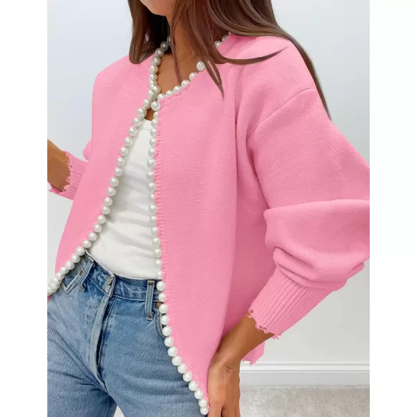 imageZESICA Womens Open Front Cardigan Sweater Casual Knitted Long Sleeve Pearls Trim Outerwear Coat 2024 Trendy ClothesPink