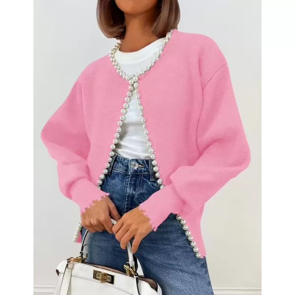 imageZESICA Womens Open Front Cardigan Sweater Casual Knitted Long Sleeve Pearls Trim Outerwear Coat 2024 Trendy ClothesPink