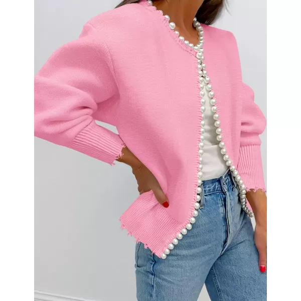 imageZESICA Womens Open Front Cardigan Sweater Casual Knitted Long Sleeve Pearls Trim Outerwear Coat 2024 Trendy ClothesPink