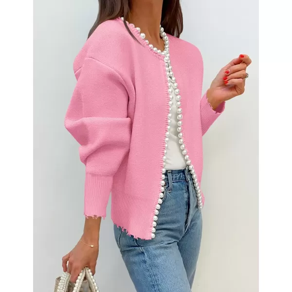 imageZESICA Womens Open Front Cardigan Sweater Casual Knitted Long Sleeve Pearls Trim Outerwear Coat 2024 Trendy ClothesPink