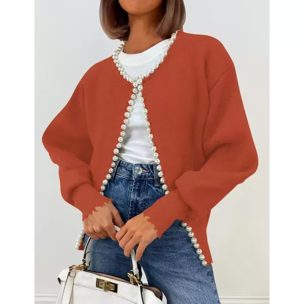 imageZESICA Womens Open Front Cardigan Sweater Casual Knitted Long Sleeve Pearls Trim Outerwear Coat 2024 Trendy ClothesRust