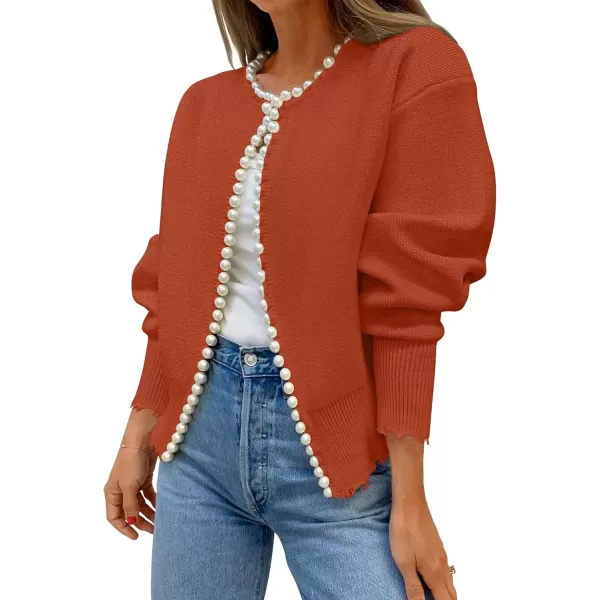 imageZESICA Womens Open Front Cardigan Sweater Casual Knitted Long Sleeve Pearls Trim Outerwear Coat 2024 Trendy ClothesRust