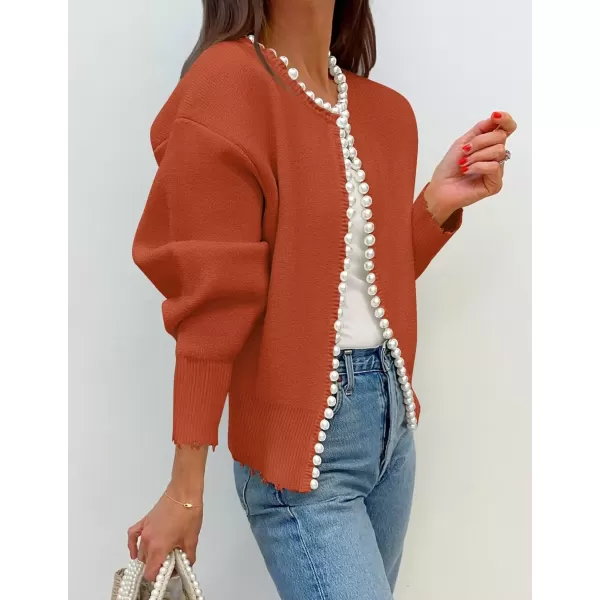 imageZESICA Womens Open Front Cardigan Sweater Casual Knitted Long Sleeve Pearls Trim Outerwear Coat 2024 Trendy ClothesRust