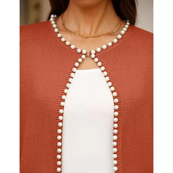 imageZESICA Womens Open Front Cardigan Sweater Casual Knitted Long Sleeve Pearls Trim Outerwear Coat 2024 Trendy ClothesRust