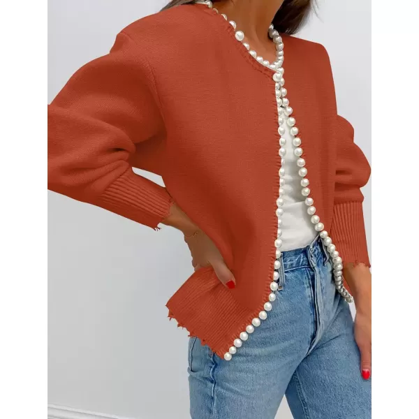 imageZESICA Womens Open Front Cardigan Sweater Casual Knitted Long Sleeve Pearls Trim Outerwear Coat 2024 Trendy ClothesRust