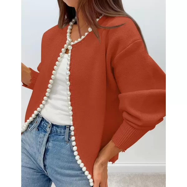 imageZESICA Womens Open Front Cardigan Sweater Casual Knitted Long Sleeve Pearls Trim Outerwear Coat 2024 Trendy ClothesRust