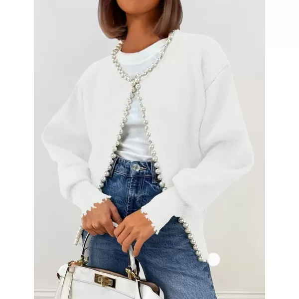 imageZESICA Womens Open Front Cardigan Sweater Casual Knitted Long Sleeve Pearls Trim Outerwear Coat 2024 Trendy ClothesWhite