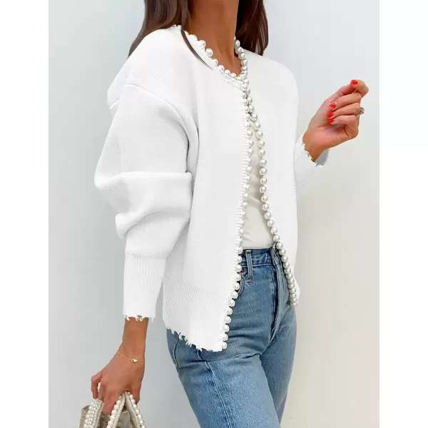 imageZESICA Womens Open Front Cardigan Sweater Casual Knitted Long Sleeve Pearls Trim Outerwear Coat 2024 Trendy ClothesWhite