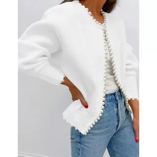 imageZESICA Womens Open Front Cardigan Sweater Casual Knitted Long Sleeve Pearls Trim Outerwear Coat 2024 Trendy ClothesWhite