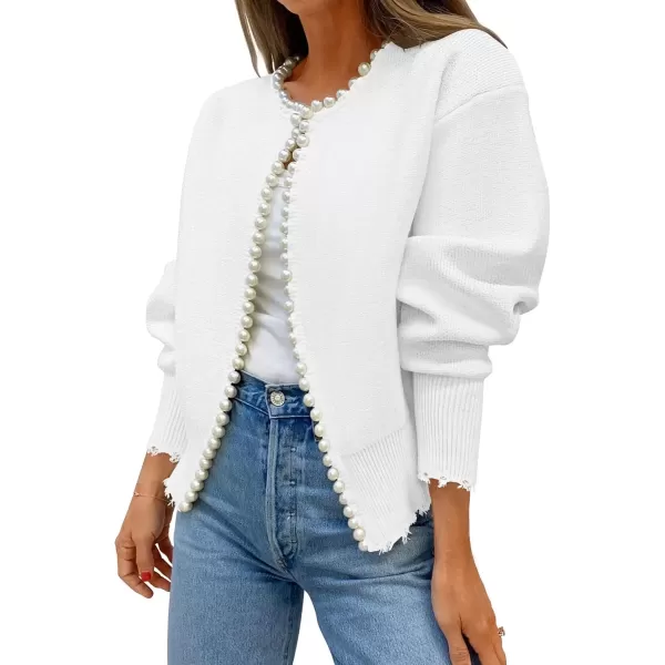 imageZESICA Womens Open Front Cardigan Sweater Casual Knitted Long Sleeve Pearls Trim Outerwear Coat 2024 Trendy ClothesWhite