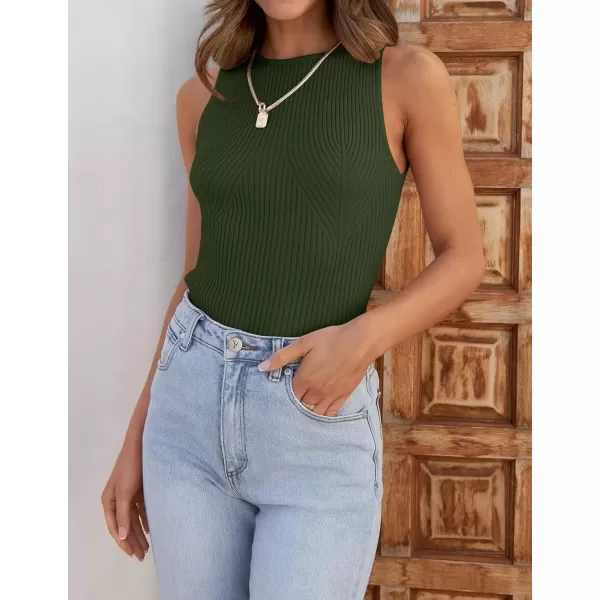 imageZESICA Womens Ribbed Tank Tops 2024 Summer Sleeveless High Neck Casual Slim Fitted Basic Knit ShirtsArmygreen