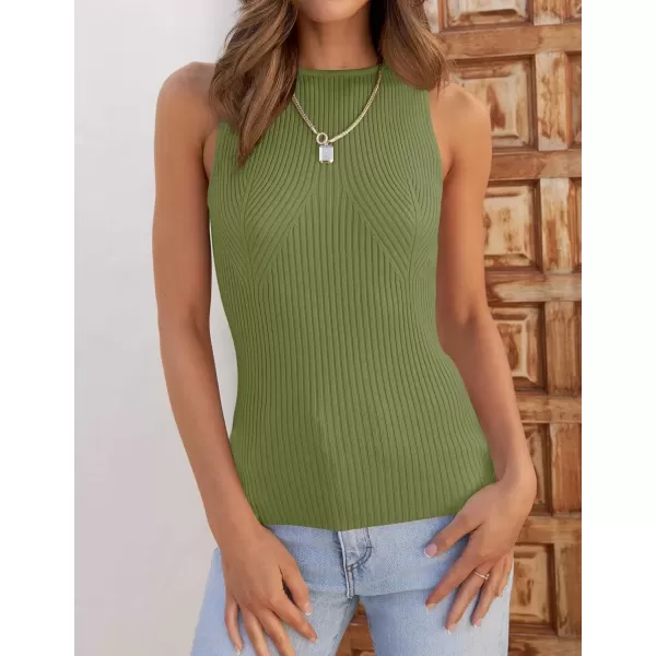 imageZESICA Womens Ribbed Tank Tops 2024 Summer Sleeveless High Neck Casual Slim Fitted Basic Knit ShirtsBean Green
