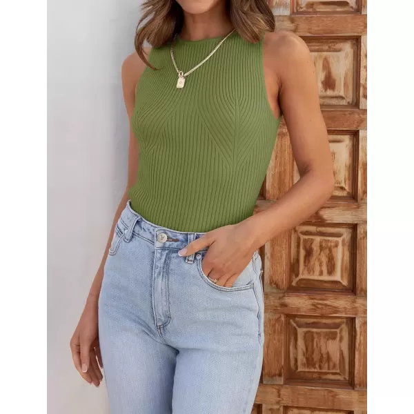 imageZESICA Womens Ribbed Tank Tops 2024 Summer Sleeveless High Neck Casual Slim Fitted Basic Knit ShirtsBean Green
