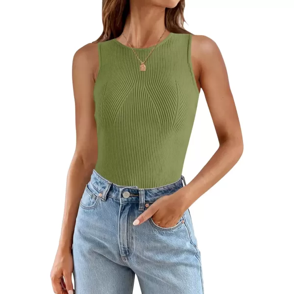 imageZESICA Womens Ribbed Tank Tops 2024 Summer Sleeveless High Neck Casual Slim Fitted Basic Knit ShirtsBean Green