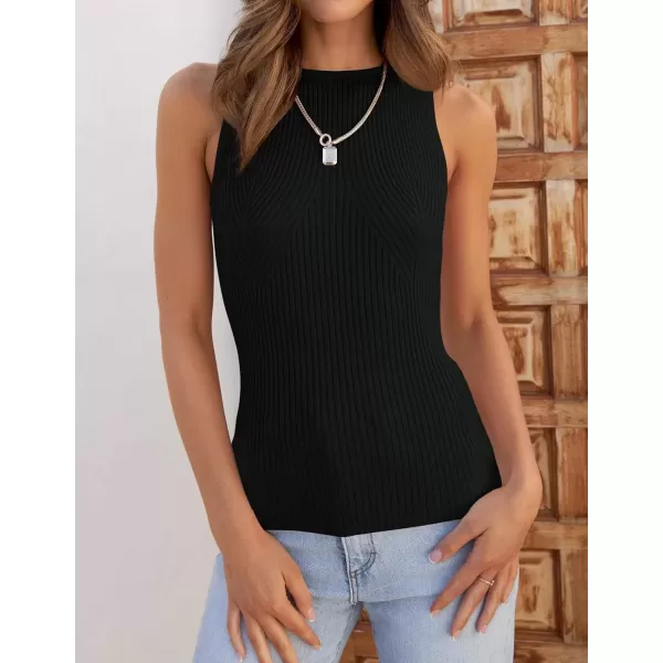 imageZESICA Womens Ribbed Tank Tops 2024 Summer Sleeveless High Neck Casual Slim Fitted Basic Knit ShirtsBlack